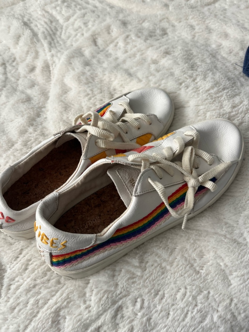 Soludos White Sneakers with Rainbow Stripe Accent